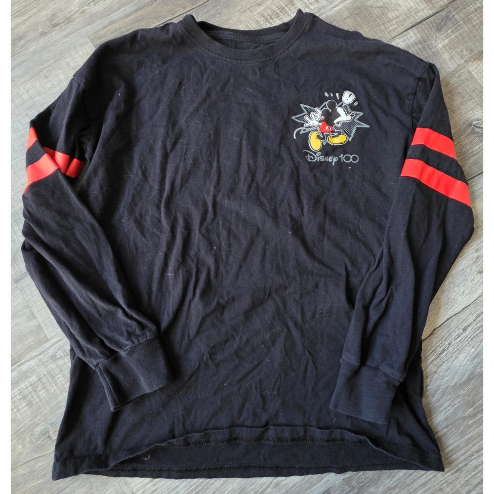 Disney 100 Mickey Mouse Long Sleeve Unisex Graphic Tee Black Red Stripes Small